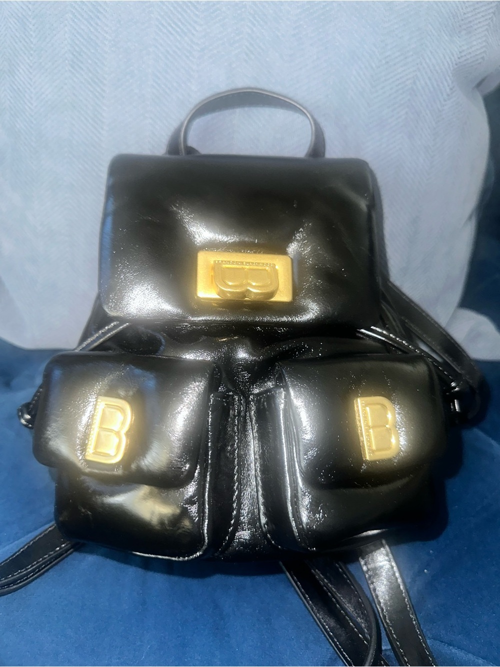 Brandon Blackwood Black Patent Leather Backpack with Gold Hardware